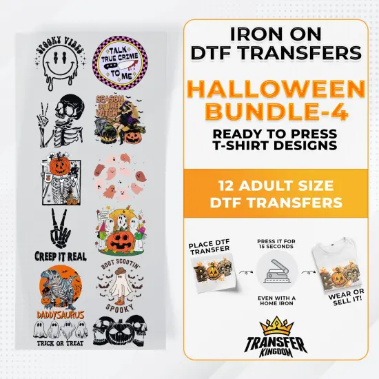 Iron on DTF Transfer Halloween Bundle 4 - 12 Best Seller T-shirt Designs Ready To Press {1}