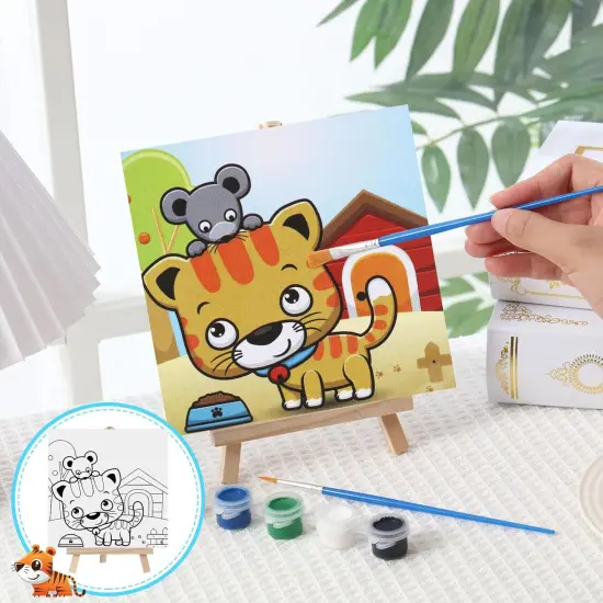 12 Sets Pre Drawn Canvas to Paint Kid Adult Stretched Coloring Painting Canvas Panels with Design Easel and Brushes {5}