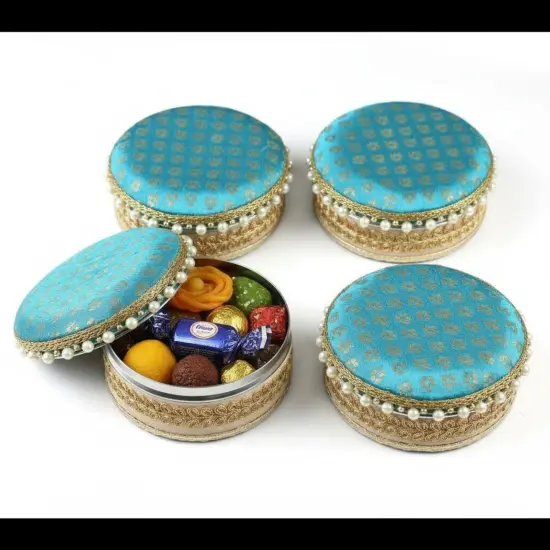4 Ct Steel Ladoo Box 250 Grams Festival Special Stainless Steel Sweets Gift Box Perfect for Holi Diwali Rakhi Housewarmings Mithaai Desert Box Cyan {1}