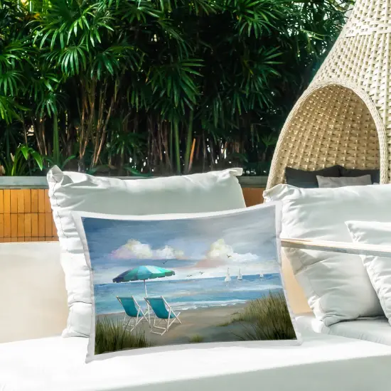 Seagulls over Calm Beach Outdoor Printed Pillow Design by Nan, 14 x 7 x 20 {2}