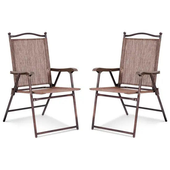 Set of 2 Patio Folding Sling Back Camping Deck Chairs with Steel Tube and Plastic Frame Grey {8}