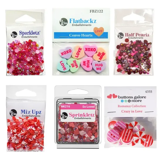 Buttons Galore Valentine&rsquo;s Day Craft Supply Bundle &ndash; 6-Pack of Buttons, Half Pearls, Rhinestones, Hearts & Sprinkles for DIY Crafts, Scrapbooking, Shaker Projects & Sewing {1}