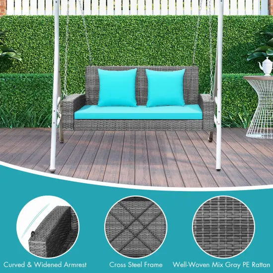 2-Person Patio PE Wicker Hanging Porch Swing Bench Chair with Cushion Turquoise {6}