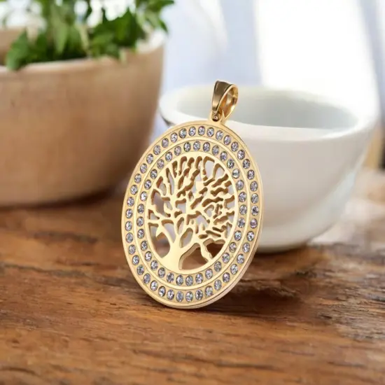 40mm Gold Plated Stainless Steel Rhinestone Tree of LIfe Pendant {2}