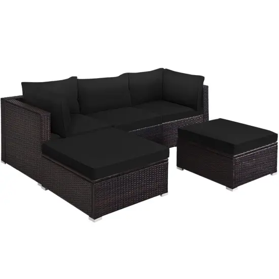 5 Pieces Patio Sectional Rattan Furniture Set with Ottoman Table Red {8}