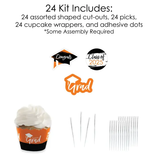 Big Dot of Happiness 2025 Orange Graduation Cupcake Decoration - Party Cupcake Wrappers and Treat Picks Kit - Set of 24 {6}