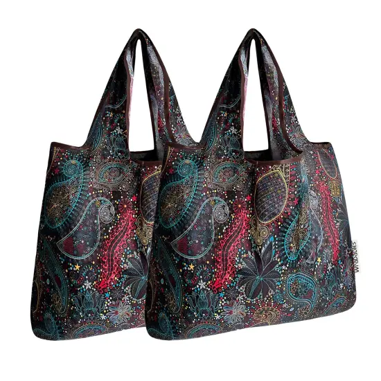 Wrapables Foldable Tote Nylon Reusable Grocery Bag (Set of 2), Cosmic Paisley {1}