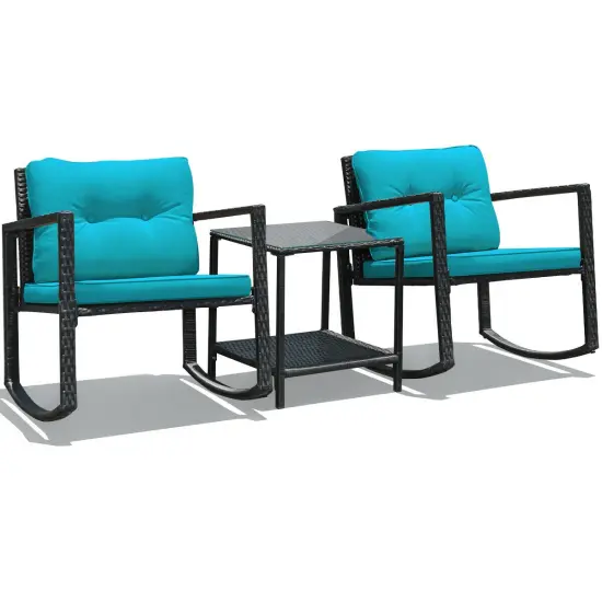 3 Pieces Wicker Rocking Bistro Set with Glass Coffee Table and Storage Shelf Navy {10}