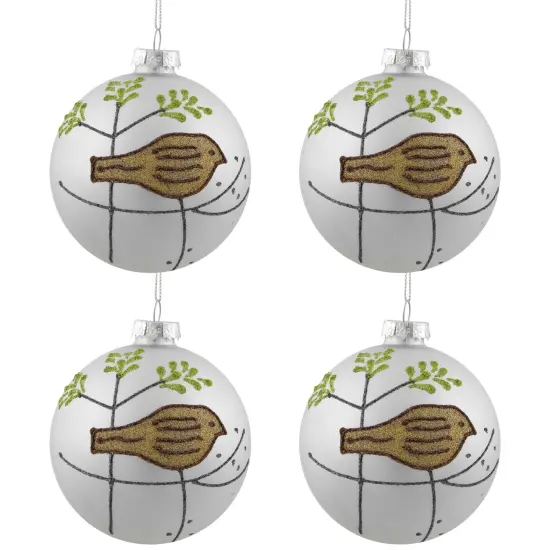 Northlight Glitter Bird Christmas Glass Ball Ornaments - 4" (100mm) - White and Gold - Set of 4 {3}