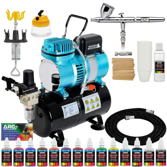 Eclipse HP CS Airbrush Set with Cool Runner II Dual Fan Air Tank Compressor System Kit, 12 Color Airbrush Paint, Hose, Holder, Cleaning Pot, Mix Cups {1}