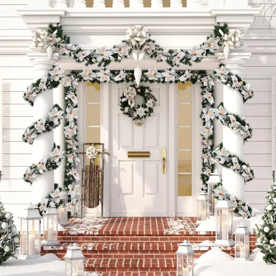 2 Pcs Prelit Poinsettia Winter Christmas Garland with String Lights {5}