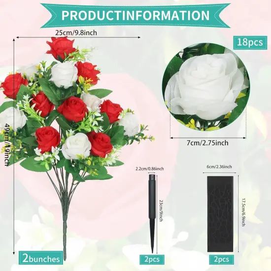 2 Sets Artificial Cemetery Flowers,Artificial Cemetery Flowers with Vase,Memorial Flowers,Artificial Rose Bouquet Graveyard Memorial Flowers for Graveyard Headstones Decoration(Red and White {2}