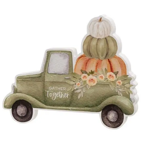 Gather Together Pumpkin Truck Wooden Cutout &ndash; Vintage Green Truck with Autumn Florals {1}