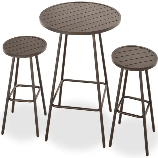 Best Choice Products 3-Piece Steel Patio Bar Height Round Bistro Set w/ Backless Stools, Slatted Design Taupe {1}