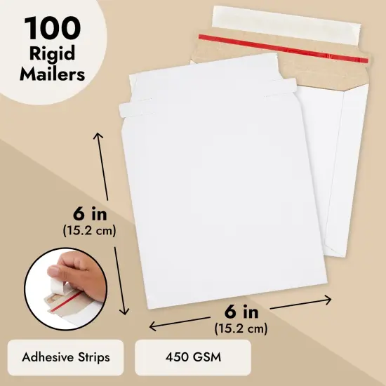 100 Pack 6x6 Rigid Mailers - 450 GSM Thick and Sturdy - Self Sealing Stay Flat Cardboard Envelopes for Mailing CDs, DVDs (White) {5}
