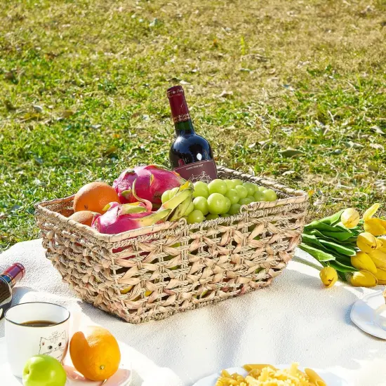 Wicker Picnic Basket with Handles, Wicker Baskets with Wooden Base for Picnic, Camping & Storage Basket {2}