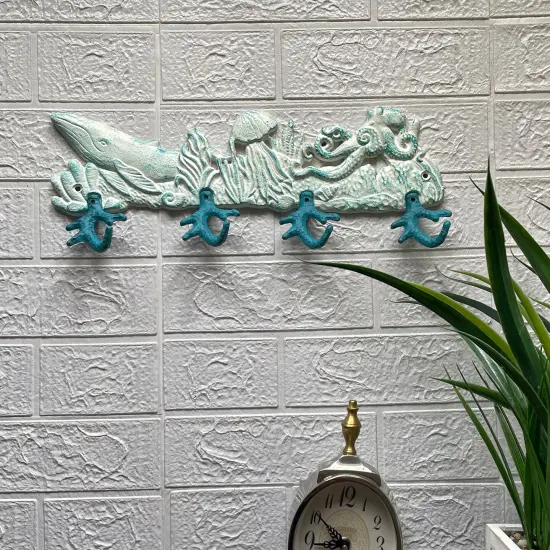 Cast Iron Sealife Plaque with Coral Hooks - Coastal Wall Decor {5}