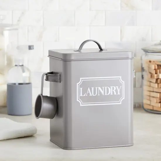 Laundry Detergent Container for Powder, Beads, and Pods, White Laundry Canister with Scoop for Bathroom Organizing and Storage, Modern Farmhouse Design, 100 Ounce Capacity (Gray, 7 x 9 x 6 in) Grey {2}