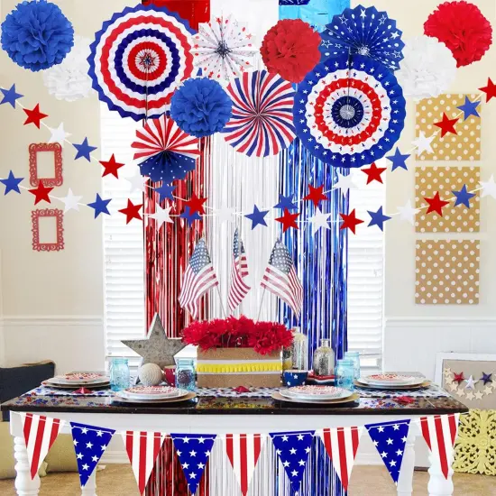 4th of July Patriotic Party Decorations Set, American Flag Hanging Paper Fans, PomPoms Flowers, Foil Fringe Curtain, Star Streamers, USA Pennant Bunting Independence Day Party Supplies {3}