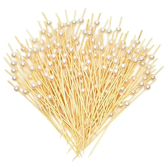 150 Pack White Pearl Toothpicks for Food, Decorative Bamboo Cocktail Picks for Appetizers (4.7 in) Brown {1}