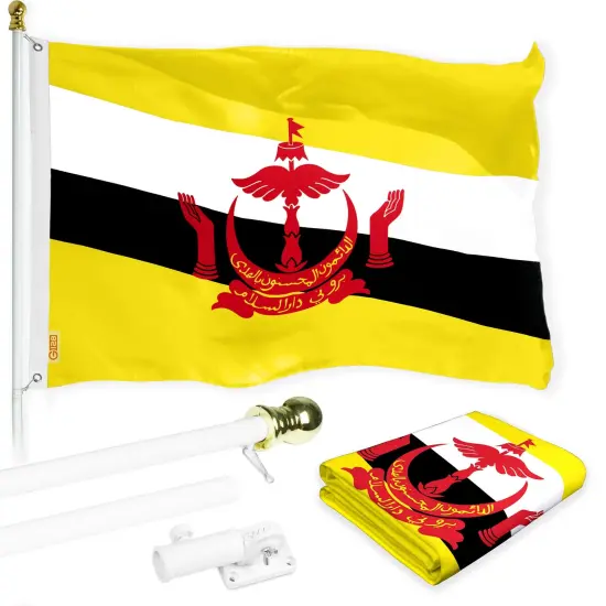 G128 Combo Pack: 6 Ft Tangle Free Aluminum Spinning Flagpole (White) & Brunei Bruneian Flag 3x5 Ft, LiteWeave Pro Series Printed 150D Polyester | Pole with Flag Included {1}