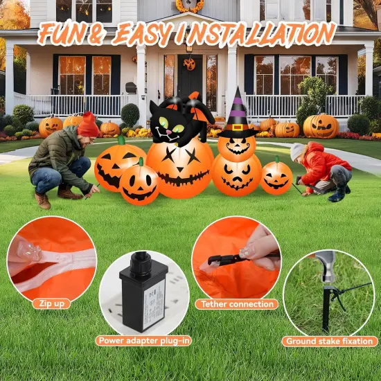 Halloween Inflatables Pumpkin Outdoor Decorations Blow Up Inflatables Pumpkin Patch with Black Cat & Witch Hat {5}
