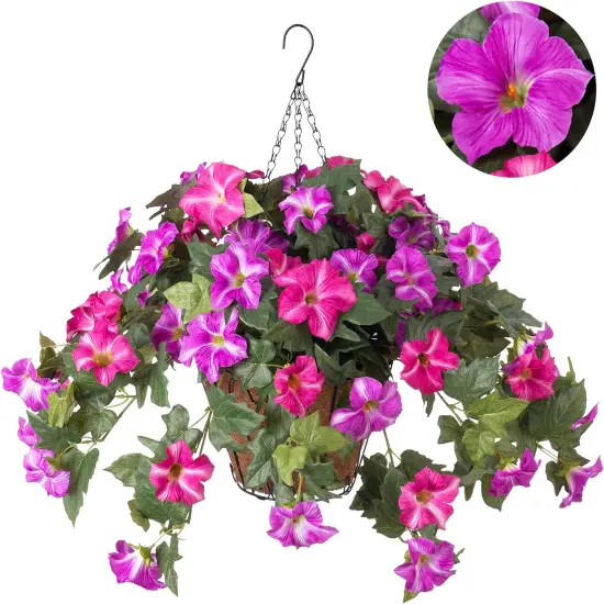 Artificial Fall Flowers with Hanging Basket, UV Resistant Faux Petunias for Outdoor and Indoor Autumn Decor {2}