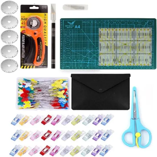 Rotary Cutter Set 45mm Fabric Cutter Wheel Kit 96 PCS Quilting Kits for Beginners A4 Cutting Mat Acrylic Ruler Carving Knife Craft Clips Bags Full Tools for Crafting Sewing Patchworking {1}
