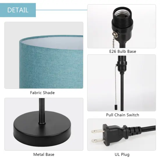 Black Modern Table Lamp, Simple With Blue Fabric Shade, Pull Chain Switch {3}