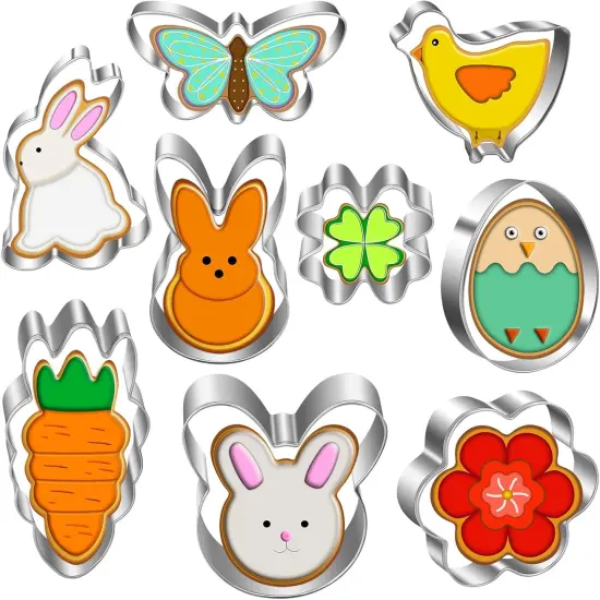 Easter Cookie Cutters Set - Bunny, Egg, Bunny Face, Rabbit, Butterfly, Flower, Chick, Carrot, Four Leaf Clover - 9PCS Easter Cookie Cutters - Large Easter Cookie Cutters for Spring Holiday Baking {1}