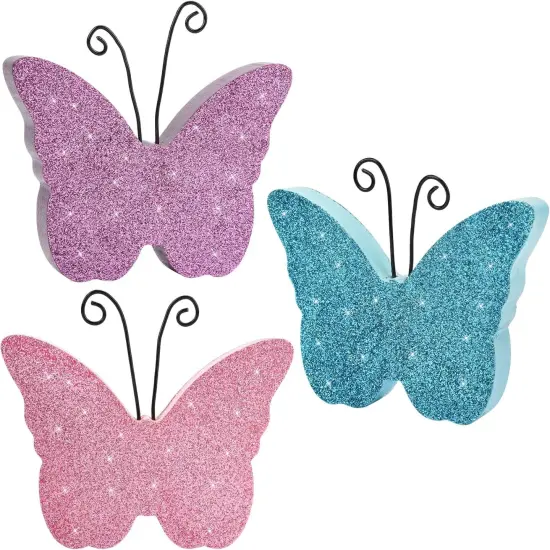 Butterfly Spring Decorations for Home, Wooden Butterflies Blocks Tiered Tray Decoration Set, Pink Blue Spring Table Top Decor for Office Party Shelf Door (Glitter 3PCS) {1}