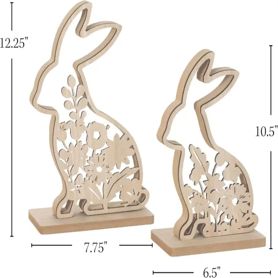 Laser Cut Wood Botanical Bunnies Figurines Set of 2, Easter Bunny Tabletop D&eacute;cor, Coffee Table D&eacute;cor, Rustic Farmouse Bookshelf Wood Shelf Mantel Fireplace Decorations, Spring Easter Decor {4}