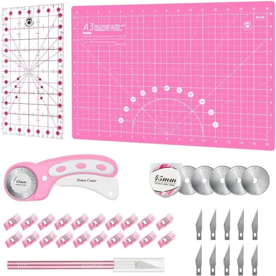 Rotary Cutter Set - 45mm Fabric Cutter, 5 Replacement Rotary Blades, A3 Cutting Mat, Quilting Ruler and Sewing Clips, Craft Knife Set, Ideal for Crafting, Sewing, Patchworking, Pink {1}