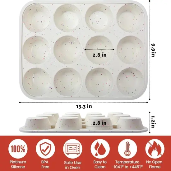 Silicone Muffin Pan, Metal Reinforced Frame Cupcake Pan 12 Cups Regular Size Easy to Move in or Out of Oven Non-Stick (2) {1}