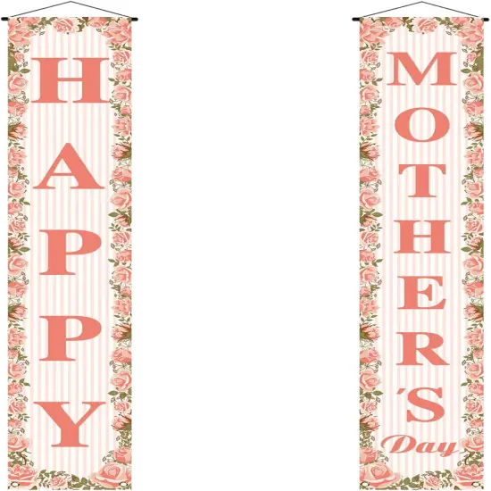 Happy Mother's Day Porch Banner I Love Mom Pink Rose Floral Holiday Party Front Door Sign Wall Hanging Banner Decoration {3}