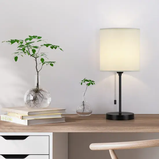 Modern Table Lamp, Simple with Cream Fabric Shade, Pull Chain Switch {6}