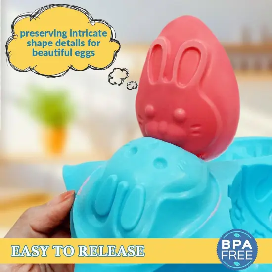 Easter Egg Molds Silicone 3.5 Inch, 2-Pack Chocolate Baking Holiday Mould, Non-Stick BPA Free, Kid-Friendly Soap Rabbit & Floral Designs, Blue & Pink {2}