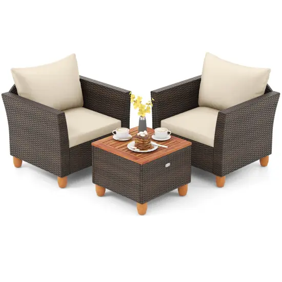Costway 3PCS Patio Wicker Rattan Sofa Set Furniture Outdoor Acacia Wood Conversation {2}