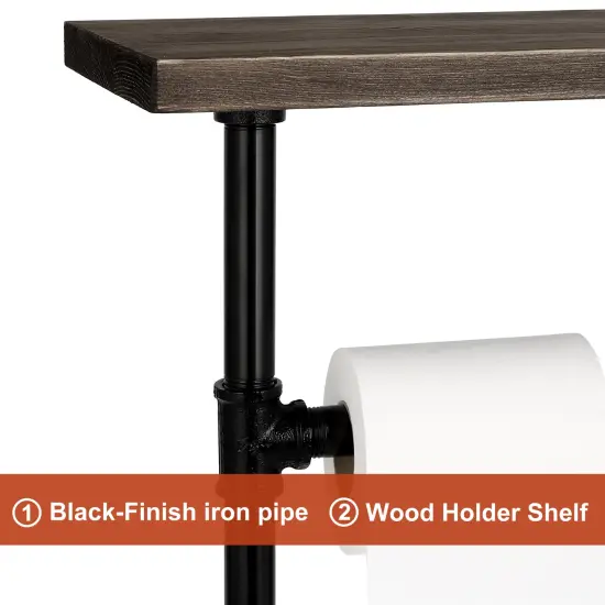 Vertical Industrial Toilet Paper Holder with Wooden Shelf Freestanding Bathroom Organizer for Paper Towels, Tissues, & Toiletries Rustic Tubular Design, 4-Roll Storage, Easy Assembly {3}