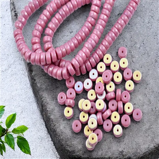 *50* 6x3mm Opaque Pink Luster AB Heishi Beads {1}