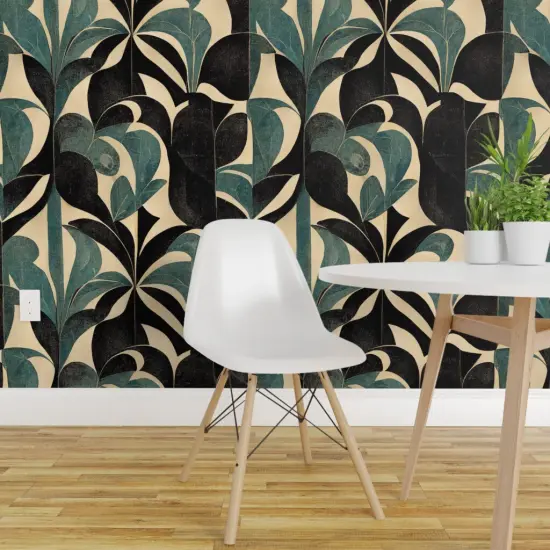 Pre-Pasted Wallpaper 2FT Wide Art Deco Leaves Botanical Geometric 1920S Arches Abstract Weathered Faux Distressing Vintage Antique Retro Black And Green Custom Pre-pasted Wallpaper by Spoonflower {1}