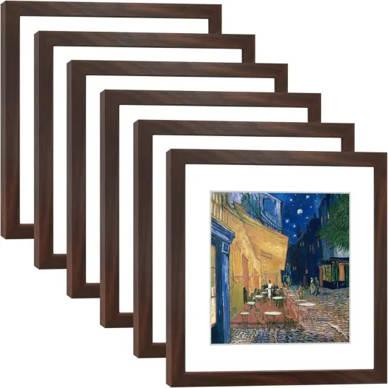 11x11 Picture Frame Set of 6 with Real Glass for Pictures 8x8 with Mat or 11x11 Without Mat, Wall Gallery or Tabletop display Photo Frames in Walnut {1}