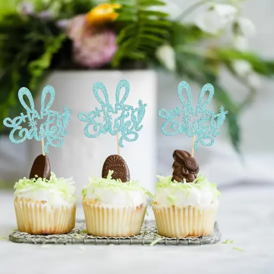 24Pcs Happy Easter Cupcake Toppers Blue Glitter Easter Rabbit Ear Cupcake Picks Decorations for Happy Easter Day Theme Baby Shower Kids Birthday Party Supplies {5}