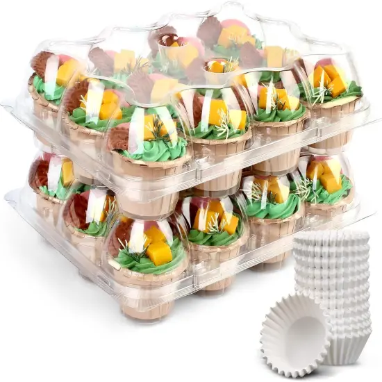 Cupcake Containers 12 Count, 12 Sets, Plastic Dozen Cupcake Boxes, Disposable Cupcake Carrier Holder with Detachable Tall Dome Lid, BPA Free, Standard Size {1}