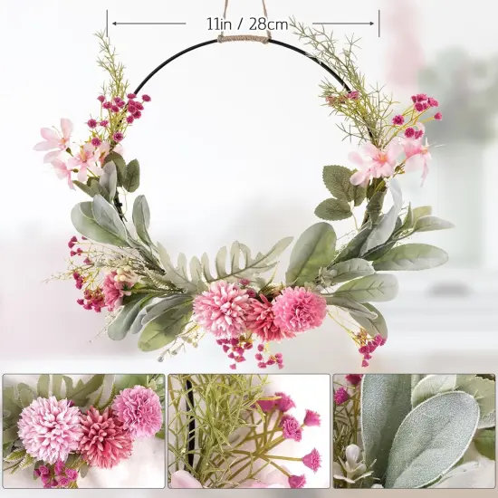 Floral Hoop Wreath Decor with Purple Spring Flowers Green Leaves {3}