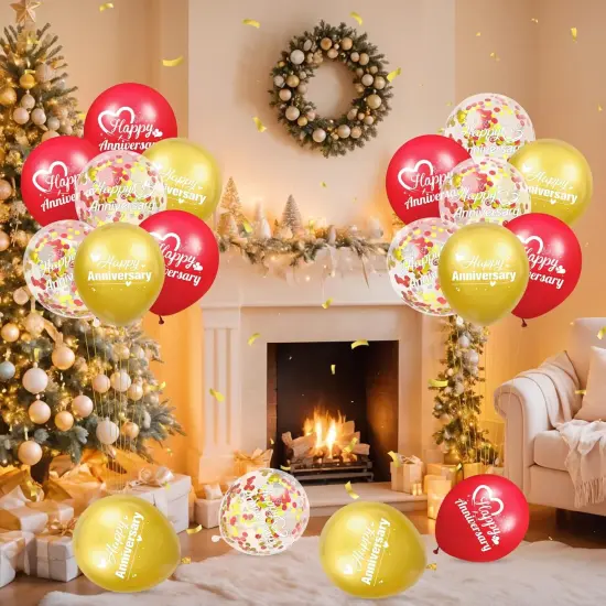 Happy Anniversary Balloons 18Pcs Red Gold Anniversary Party Decorations for Women Men Red Gold 12Inch Metallic Confetti Anniversary Balloons for Indoor Outdoor Party Supplies {4}