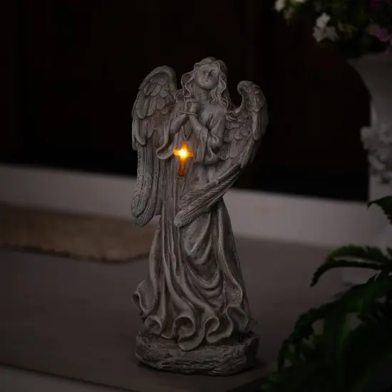 Northlight LED Solar Lighted Angel with Cross Garden Statue - 19" Beige {5}