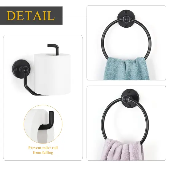 3-Piece Rustproof Bathroom Accessories Set Modern Toilet Paper Holder + 2 Towel Rings for Stylish Bathroom Storage Easy Install Black {3}