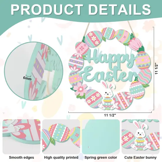 Happy Easter Decorations Sign, Bunny Eggs Wood Wreath for Front Door Porch Window Wall Hanging Decor, Pink Green Spring Decoration for the Home (Bunny Egg) {2}