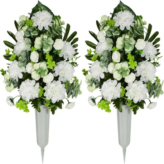 Artificial Cemetery Flowers, Bulbous Chrysanthemum Flowers Greenery Bouquet for Grave Decoration, Set of 2 Spring Memorial Flowers with Vase (White) {1}